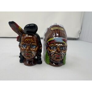 Vintage Walls Ceramic Japan Hand Painted Native American Colorful Salt & Pepper